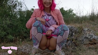 Pink Haired Kitty Taking a Petite Piss Outdoors