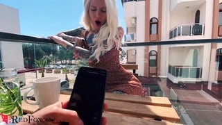 Horny Blonde Flashing Cunt In Balcony