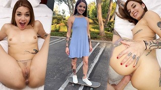 Getatoeëerde skaterbabe Vanessa Vega in skateboarden en spuiten in het openbaar