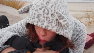 Ginger Redhead Amateur Outside Chilly Winter Beach Blowjob Cim & Cum Swallow
