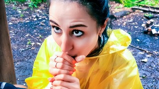 Brunette Girl In Yellow Raincoat Sucks Cock Outdoors