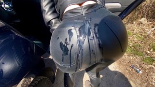Cum On Her Leather Ass Outdoor And Let Her Go
