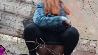 Desperate Redhead Peeing In The Forest Ruins.