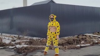 Girl In Pajamas Shows Boobs On The Street