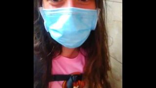 Retail Store Public Restroom Pandemic Face Mask Quarantine Cute Scared Girl Standing Up To Pee Piss