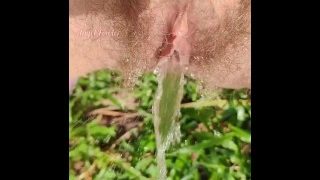 性感的 Milf 在草丛中撒尿。看看她毛茸茸的阴部关闭。户外撒尿加慢动作