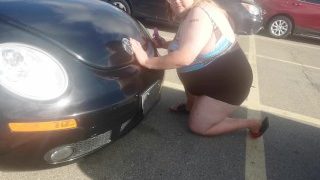 Trans/Sissy Sucks Dildo In Public Wearing Womans Swim Suit!