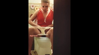 I Saw At A Party How Girl In A Red Dress Pissing In The Toilet.