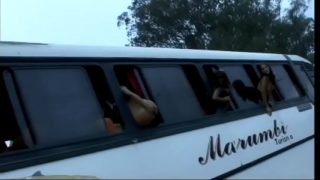 Naughty Brazilian Gals Decided To Cause Mayhem In The Bus H. Out Of The Window Their Juicy Round Naked Butts And Boobs