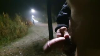 College Student Jerking Under Streetlight On Park Path Risky