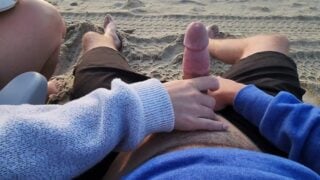 Hot Wife Gives Amazing Sunrise Handjob On Beach With Huge Cumshot….almost Caught!