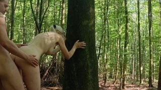 Quickie In Public Forest. Crazy Double Cumshot In The End!