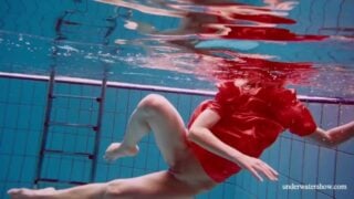 Cute Babe In Red Sexy Open Dress Swimming