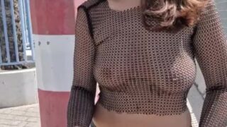 I Flash My Tits In The Center Of A Busy City. See-Through Blouse, Visible Breasts And Erect Nipples