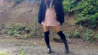 Japanese Crossdresser Pees Openly In The Forest For A Selfie.