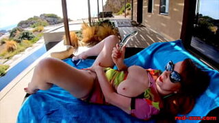 Redhead Milf Red Xxx Masturbating Outside By The Pool