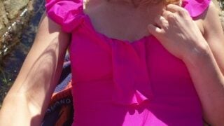 PinkLady Swimsuit Needs To Finger Her Cunt On The Beach