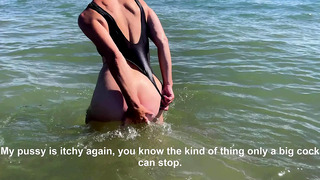 On the public beach, my husband has to keep the chastity cage