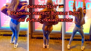 German Slut in tight Jeans flashing perfect Bubble Butt on Public Train Station – Girl Flashing Ass