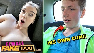 OMG 19 year old guy nearly spunks in his OWN MOUTH – Female Fake Taxi