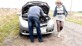 Sexy blonde MILF car broke down. Random passerby helped fix and fucked Milf in doggy style on hood of auto. Slut. Whore