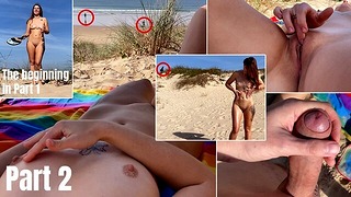 One day at the public nudist beach at Portugal. Masturbation and handjob behind strangers. PART 2