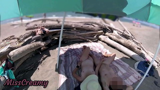 #2 Exhibitionist Wife Outdoor Amateur Milf Handjob Big Cock on Nudity Beach public in front of voyeur with cumshot – MissCreamy