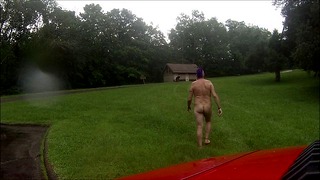 Walking from parking lot to restroom naked in the rain