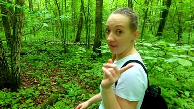 Shy schoolgirl helped me cum and showed her naughty talents! Risky blowjob and handjob in the forest with birds singing!